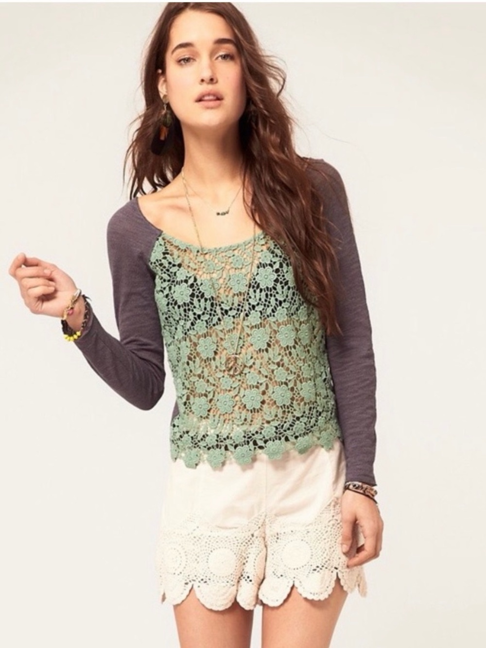 Vintage Free People Crochet Front Raglan Sleeve Top